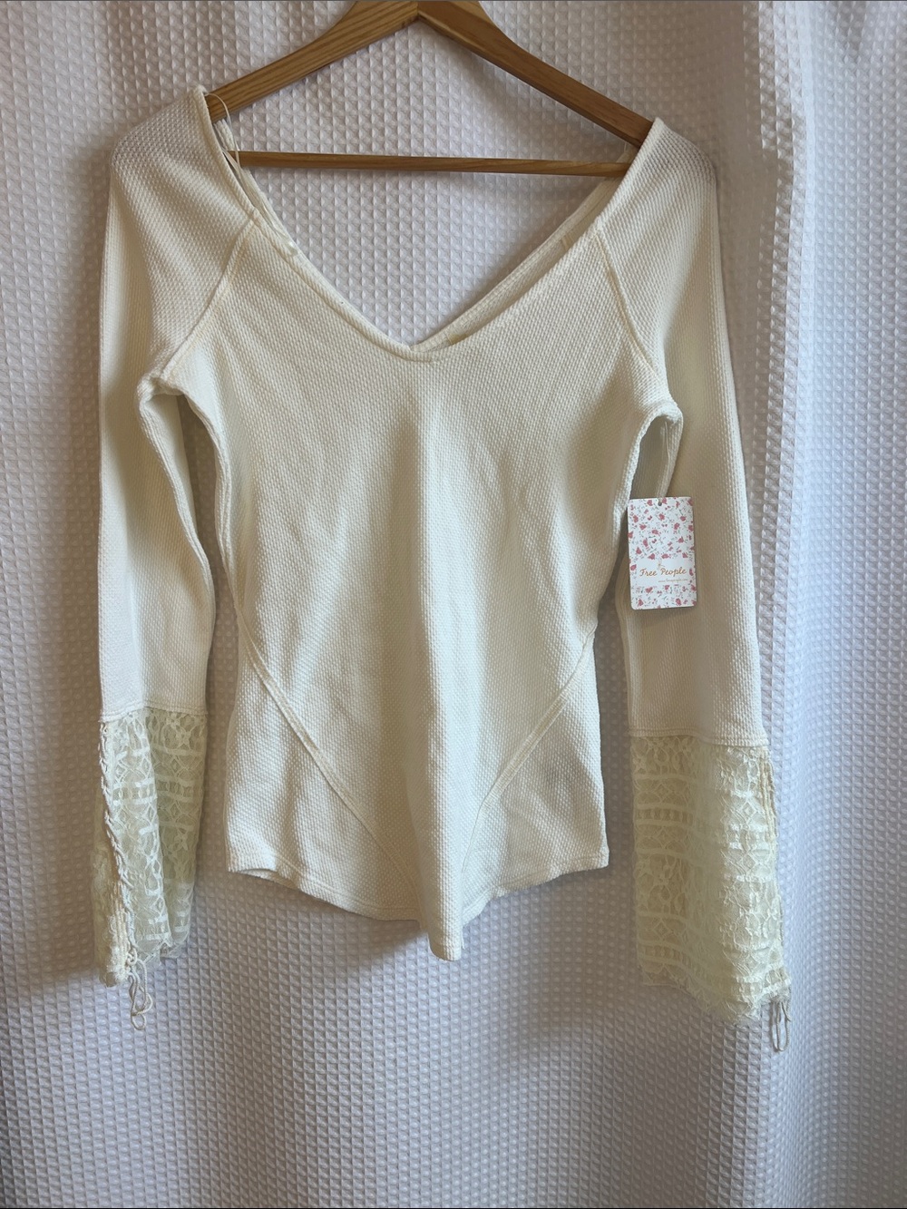 Free People Cream V-Neck Lace Bell Sleeve Top